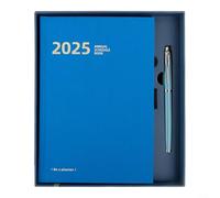 Diario de cuero A5 con bolígrafo de metal permanentemente adherido, incluye refranes filosóficos chinos y cuadrículas de calendario para uso en la oficina (azul)