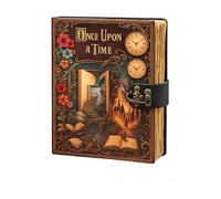 Diario de cuero "Once Upon A Time" - Libro de hechizos en blanco de sombras - Portada de libro de cuentos vintage con cerradura, relojes steampunk y diseño floral - Diario en blanco antiguo con papel