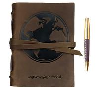 Diario De Piel Auténtica Con Diseño De Mapa Mundial En Relieve A5 Hecho A Mano Diario De Viaje Cuaderno De Escritura Vintage Para Hombres Mujeres Piel Rústica Antigua 15x20cm + Bolígrafo