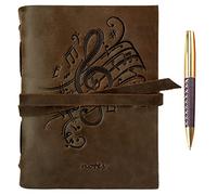 Diario De Piel Auténtica Con Diseño De Notas Musicales En Relieve A5 Hecho A Mano Diario De Viaje Cuaderno De Escritura Vintage Para Hombres Mujeres Piel Rústica Antigua 15x20cm + Bolígrafo