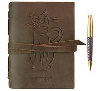 Diario De Piel Con Diseño De Gato En Relieve, Hecho A Mano, A5 Diario De Viaje Vintage | Para Hombres Y Mujeres De 15x20 Cm | Temática De Vida Silvestre De Piel Auténtica Cuaderno + Bolígrafo