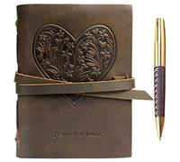 Diario De Viaje A5 En Relieve De Corazón De Cuero Genuino Diario, Cuaderno Encuadernado Vintage Para Mujeres, Niñas Cuero Antiguo Rústico De 20x15cm Hermoso Regalo Para Escribir + Bolígrafo