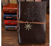 Diario de viaje de cuero con anillas, diario de viaje, cuaderno de bitácora, diario de viaje de cuero con anillas, ancla pirata vintage, motivo de brújula (A7, marrón oscuro)