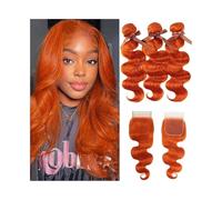 Diario Extensiones de cabello humano brasileño ondulado de color naranja, 3 paquetes con cierre, de 10 a 26 pulgadas, con ondas corporales y rizado, Remy para citas(16 18 20 with 14)