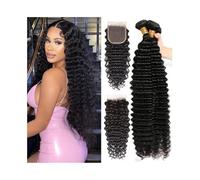 Diario Extensiones de cabello humano brasileño ondulado profundo, 3 mechones con cierre, cierre de encaje 4x4, con pelo de bebé y parte libre. para citas(24 26 28Closure 20)