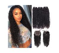 Diario Extensiones de cabello humano malasio de ondas profundas con cierre 4×4, 3 paquetes con cierre de encaje. para citas(22+24+26+Closure 20)