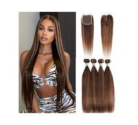 Diario Extensiones de cabello lacio con reflejos y cierre de encaje 4x4, prearrancada, cabello humano peruano P4/27 para citas(22 24 26 with 20)
