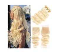 Diario Mechones rubios 613 con encaje Frontal ondulado, cabello humano brasileño ondulado, mechones de cabello Remy rizado con cierre for mujeres negras para citas(4" x 4",10 12 14 16with 14)
