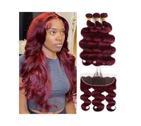 Diario Paquete de cabello humano color burdeos 99J con trama frontal doble, tejido brasileño Remy, onda corporal, paquete de 2/3/4 con encaje frontal de 13x4 para citas(16 18 Closure 16)