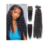 Diario Paquetes de cabello humano brasileño con cierre Extensiones de tejido de cabello humano de onda profunda Paquetes de cabello Remy negro natural con encaje frontal for mujeres negras para citas(