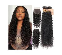 Diario Paquetes de cabello humano con cierre, cabello peruano Remy con ondas al agua y cierre 4x4 para citas(18 18 20 With 16)