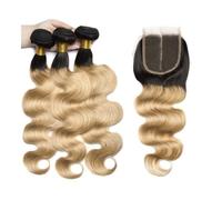 Diario Paquetes de cabello humano con ondas corporales, paquetes de cabello brasileño 3/4 con cierre de encaje 4x4, extensión de cabello Remy de color Ombre 1B/27 para citas(12 14 16 with 10)