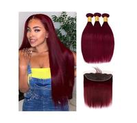 Diario Paquetes de cabello humano liso color burdeos 99J con extensiones frontales, 3 paquetes de color vino tinto con encaje frontal de 13x4, tejido de cabello virgen brasileño. para citas(28 28 28 C