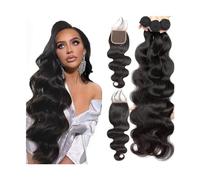 Diario Paquetes de cabello humano ondulado con cierre, 3 4 paquetes de cabello rizado ondulado con cierre de encaje, parte libre, tejido de cabello humano brasileño, color natural para citas(6" x 6",2