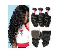 Diario Paquetes de cabello humano ondulado suelto con cierre 4x4, cabello Remy brasileño, 3 paquetes con cierre de encaje, extensión de cabello ondulado y rizado para citas(10 10 10+Closure10)