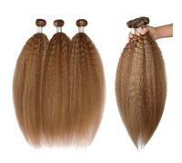 Diario Paquetes de cabello lacio y rizado de 10 a 30 pulgadas, 3 o 4 paquetes con reflejos P4/27, cabello humano liso Yaki color marrón miel, extensiones de cabello Remy para citas(10 10 10)