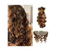 Diario Paquetes de ondas corporales con extensiones de cabello humano frontal, resaltado P4-27, tejido de cabello virgen brasileño, 3 paquetes con encaje frontal de 13x4 para citas(28 28 28 Closure20)