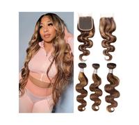 Diario Paquetes de ondas corporales P4/27 destacados con cierre de encaje HD 4x4 3 4 paquetes de cabello humano Remy peruano color marrón miel con cierre para citas(14 14 14 with 12)