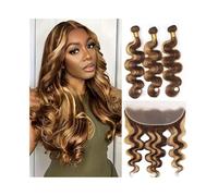 Diario Paquetes de ondas corporales resaltadas con frontal, paquetes de cabello humano brasileño de doble trama color P4/27 con frontal de encaje de 13x4 para citas(30 30 30 Closure 20)
