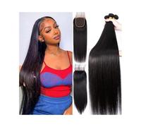 Diario Paquetes de tejido de cabello lacio con cierre Paquetes de cabello humano brasileño negro natural de 8 a 30 pulgadas con parte libre Cierre de encaje 4x4 para citas(20+22+24+Closure 18)