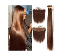 Diario Paquetes lisos con frontal de 18-30 pulgadas de cabello humano brasileño, 3 paquetes con frontal de encaje de 13x4, extensiones de cabello Remy liso marrón n.° 4 para citas(24 24 24 Closure 18)