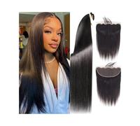 Diario Paquetes rectos con tejido frontal de cabello humano virgen brasileño, 3 paquetes con encaje frontal transparente HD de 13x4, color natural n.° 1B para citas(14 14 14 Closure 12)