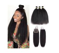 Diario Paquetes rectos rizados con cierre de cabello humano 3 4 paquetes con cierre Extensión de cabello brasileño Remy Yaki Negro natural Pre arrancado con cabello de bebé para citas(4" x 4",10 10 10