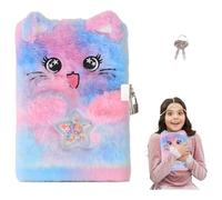 Diario secreto infantil con candado para niñas - cuaderno peluche con diseño de gato 3D azul y rosa 21,5x15,5 cm - ideal para regalo, escuela o viaje