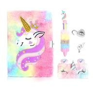 Diario Secreto Niña con Candado, A5 Set de Unicornio Papelería de Peluche, Libreta con Llave y Candado para Niña Incluye Estuche Unicornio y Bolígrafo, Regalo de Niña Unicornio para 5-12 Años