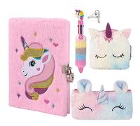 Diario Secreto Niñas Libreta Unicornia Felpa Monedero Estuche Bolígrafo Set, Cuaderno Bordado con Llave y Candado para 6-12 Años Chicas Regalos