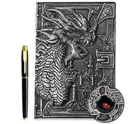 Diario vintage de dragón 3D + juego de bolígrafos, cuaderno A5 rayado, organizador personal DND Journal Notebook Planner, regalo de cumpleaños para hombres, mujeres, adultos, niños (plata)