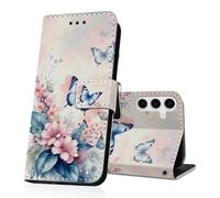 DiaryTown Funda para Samsung Galaxy A15 5G Cartera Carcasa Libro de PU Cuero Tapa Flip Folio Case Dibujos Función Soporte Antigolpes Protectora Cover Galaxy A15 4G - Flor Rosa Mariposa Azul