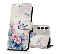 DiaryTown Funda para Samsung Galaxy A36 5G Cartera Carcasa Libro de PU Cuero Tapa Flip Folio Case Dibujos Tarjeta Función Soporte Antigolpes Protectora Cover Galaxy A36 5G - Flor Rosa Mariposa Azul