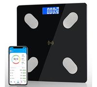 Diboniur Báscula de Grasa Corporal Inteligente con Capacidad 180 kg | 12 datos corporales mediante app, 4 electrodos, pantalla LCD, 26 × 26 cm, para fitness, control de peso y familia