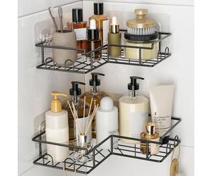 Diboniur Estanteria Baño, 2 Piezas Estanteria Ducha sin Taladro, Estanteria de Baño Rinconera con 8 Ganchos, Esquinero Baño Ducha de Acero Inoxidable (Negro)
