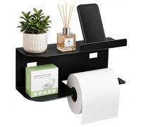 Diboniur Portarrollos Papel Higiénico con Estante, Portarrollos Baño, Negro | Porta Rollos Papel Higienico, Instalación Adhesiva o con Tornillos, para Baño, Aseo y Cocina, Estante para Móvil y Accesorios