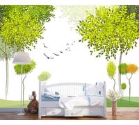 Dibujado A Mano Árbol Verde Fresco Abstracto Pájaro Papel Pintado 3D Seda De Lujo Pared Estudio Comedor Sofa Dormitorio Madera Salon Tv Decorativo-400cm×280cm