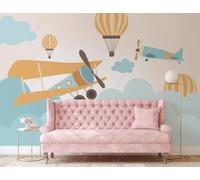 Dibujado A Mano Caricatura Avión Globo Aerostático Nubes 3D Papel Pintado Pared Fácil Instalación Oficina Sala Estar Sofá Dormitorio TV Fondos Decoración-350cm×256cm
