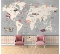 Dibujado A Mano Globo Aerostático Avión Árboles Mapa Del Mundo 3D Papel Pintado Pared Fácil Instalación Oficina Sala Estar Sofá Dormitorio TV Fondos Decoración-250cm×170cm