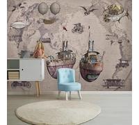 Dibujado A Mano Mapa Velero Retro Avión Bicicleta 3D Papel Pintado Pared Fácil Instalación Oficina Sala Estar Sofá Dormitorio TV Fondos Decoración-400cm×280cm