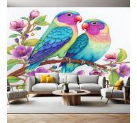 Dibujo A LáPiz Fotomurales Tejido no Tejido Flores y pájaros del amor Papel Pintado Decor de Pared Murales Póster Efecto 3D Papel Tapiz Moderno para Dormitorio Salón TV Pared 300 x 210 cm