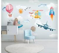 Dibujo A Mano Caricatura Fresco Bello Globos Aviones 3D Papel Pintado Tapiz Textura de Seda Oficina Comedor Sofá Dormitorio Sala Estar TV Fondo Pantalla-200cm×140cm