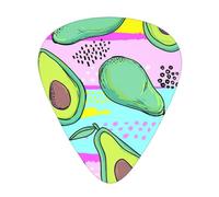 Dibujo a mano colorido de un aguacate,12 púas de guitarra, 3 grosores diferentes para guitarra acústica, bajo y ukelele