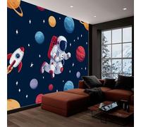 Dibujo Animado Espacial Astronauta Planetas Papel Pintado Efecto 3D 450 x 280 cm, Papel tapiz fotográfico Azul Marino Fotomurales Pared Tejido No Tejido Decoración De Pared Sala Cuarto Oficina Salón