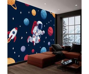 Dibujo Animado Espacial Astronauta Planetas Papel Pintado Efecto 3D 450 x 280 cm, Papel tapiz fotográfico Azul Marino Fotomurales Pared Tejido No Tejido Decoración De Pared Sala Cuarto Oficina Salón