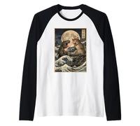 Dibujo de Monstruos en Madera japonés Ukiyo-e de Trex Cat Camiseta Manga Raglan