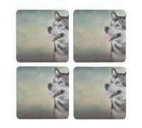 Dibujo de un Retrato de un Perro Malamute de Alaska,Posavasos Cuadrados de Corcho MDF, Almohadilla para Tazas, Juego de 4 Posavasos para Bebidas