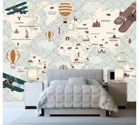 Dibujos Animados Animales Aviones Globos Aerostáticos Mapamundi 3D Papel Pintado Pared Fácil Instalación Oficina Sala Estar Sofá Dormitorio TV Fondos Decoración-250cm×170cm