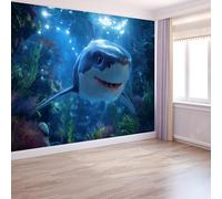 Dibujos Animados Animales Papel Pintado Fotográfico, Océano Tiburones No Tejido Murales 200 X 140 Cm Papel Pintado Con Impresión Hd Azul Oscuro Para Sala Cuarto Oficina - Moderna Decoración De Pared