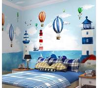 Dibujos Animados Azul Mar Barquito Globo Aerostático 3D Papel Pintado Pared Fácil Instalación Oficina Sala Estar Sofá Dormitorio TV Fondos Decoración-400cm×280cm